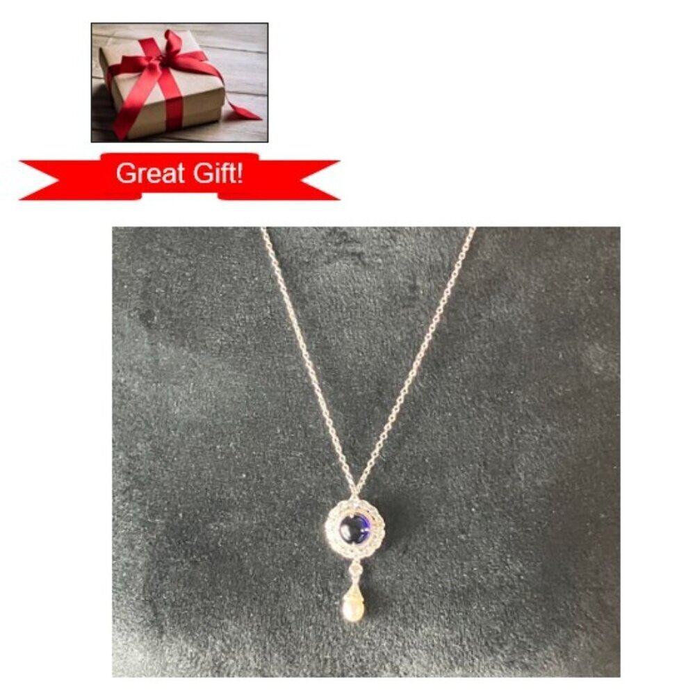 Handcrafted Sapphire Blue Cabochon Clear Cubic Zirconia Pearl Pendant Pin  20"